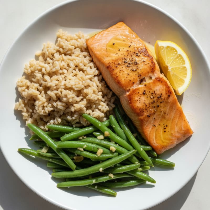 Seared Salmon with Garlic Green Beans and Brown Rice