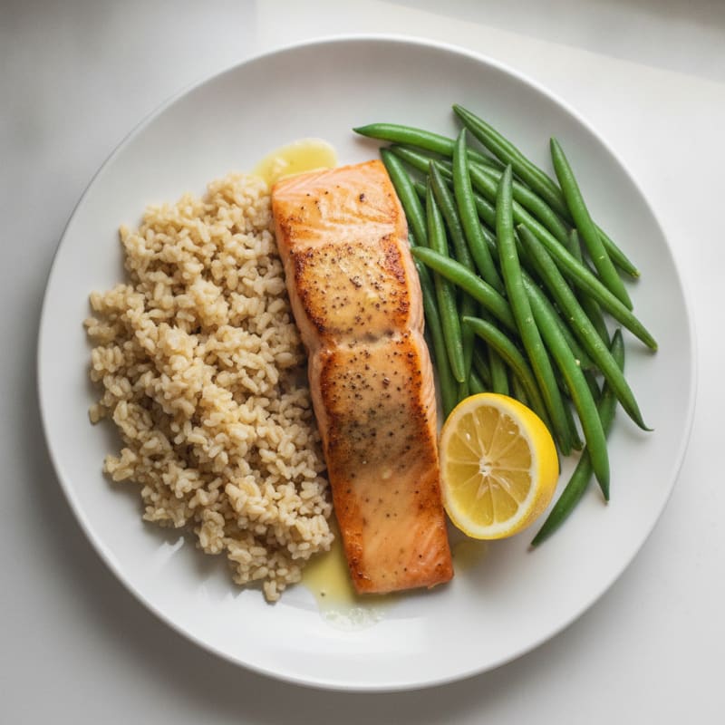 Seared Salmon Fillet with Steamed Green Beans and Brown Rice