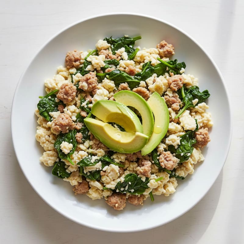 Egg White and Turkey Sausage Scramble with Sautéed Spinach