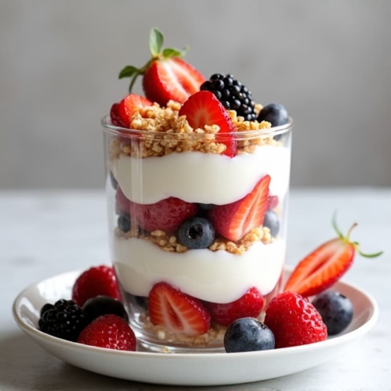 Greek Yogurt Parfait with Crunchy Almond Granola and Mixed Berries