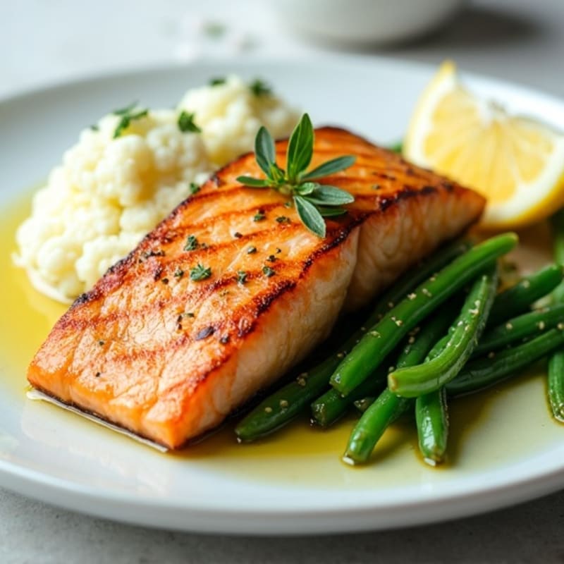 Seared Salmon with Garlic Green Beans and Cauliflower Mash