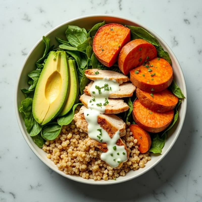 Chicken Quinoa Power Bowl with Roasted Sweet Potatoes and Creamy Avocado Dressing
