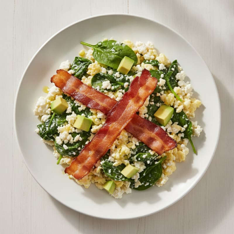 Cottage Cheese Egg Scramble with Spinach and Turkey Bacon