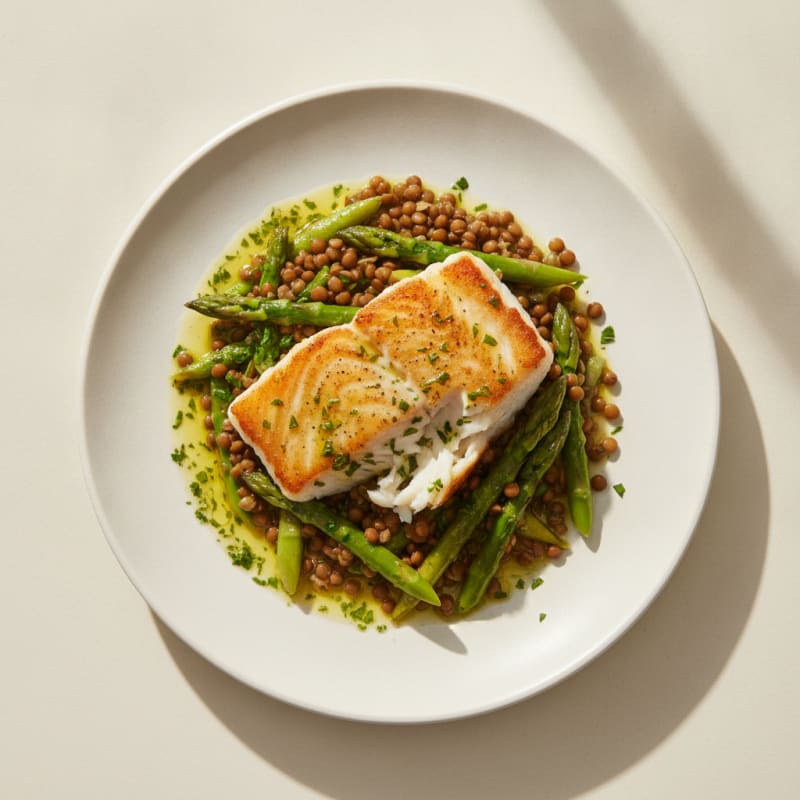 Seared White Fish with Lentil and Asparagus Salad