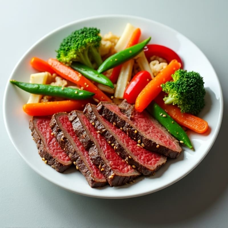 Seared Thinly Sliced Garlic-Ginger Beef with Sesame Vegetables