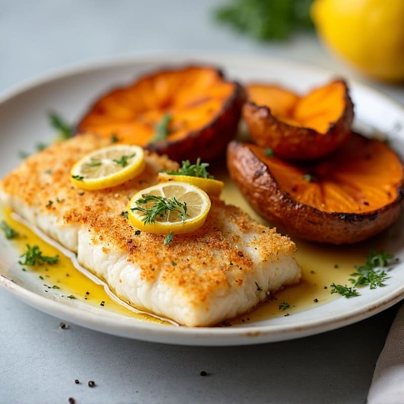 Crispy Baked Cod with Roasted Sweet Potato Wedges
