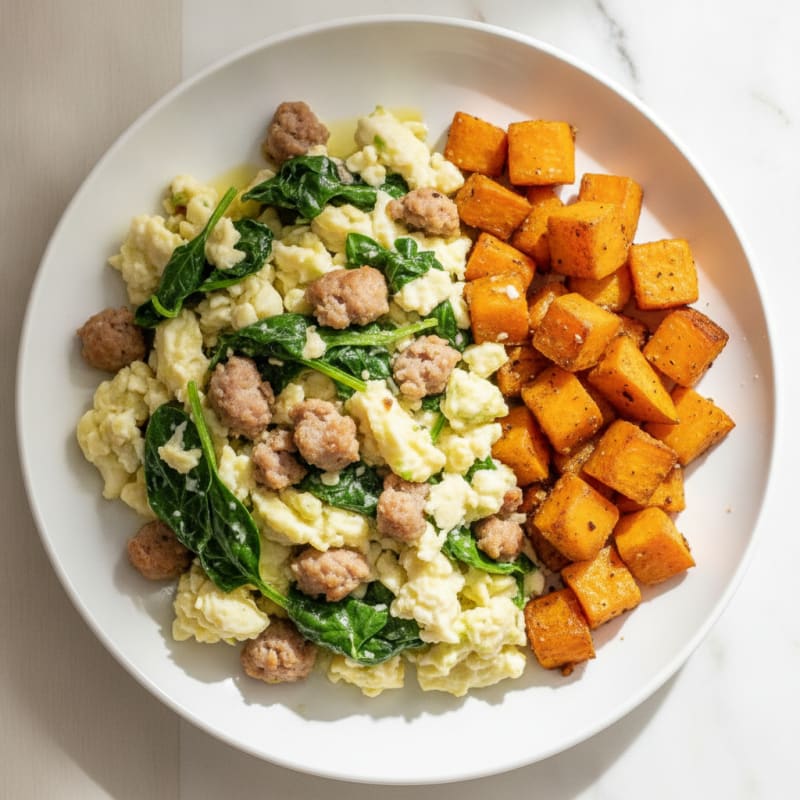 Egg White and Turkey Sausage Scramble with Spinach and Roasted Sweet Potato