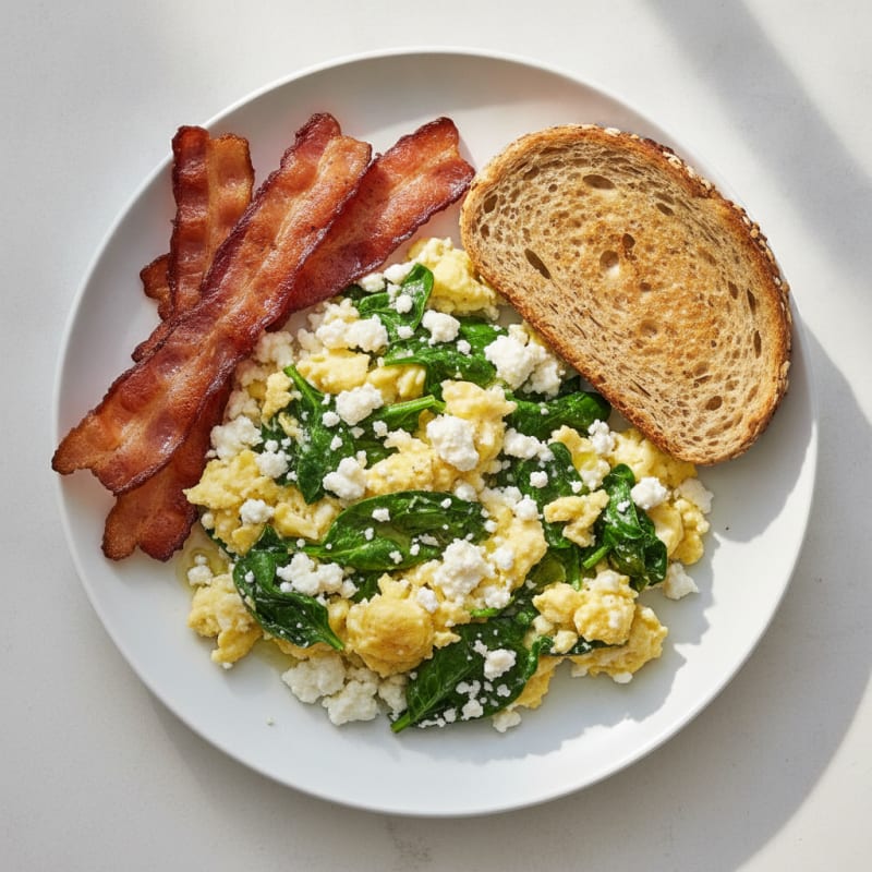 Creamy Cottage Cheese Scramble with Spinach and Turkey Bacon