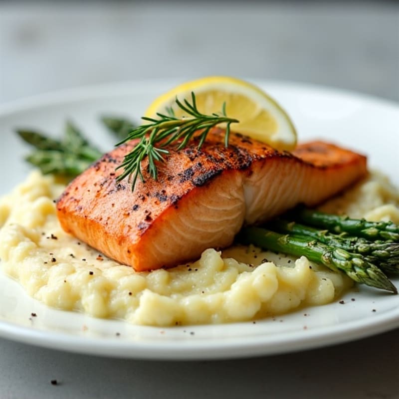Seared Salmon with Roasted Asparagus and Cauliflower Mash