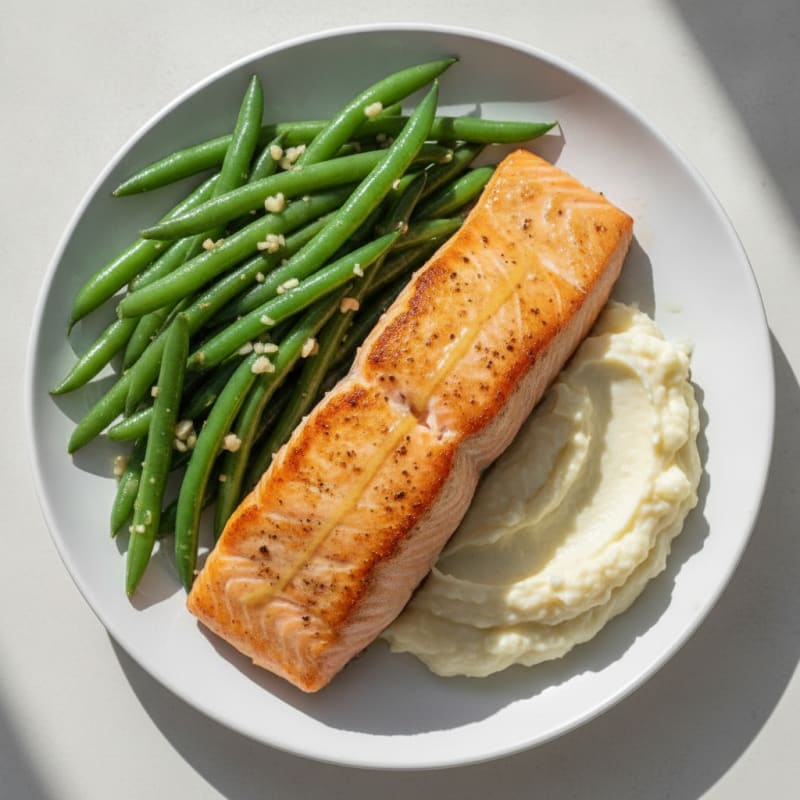 Seared Salmon with Garlic Green Beans and Mashed Cauliflower