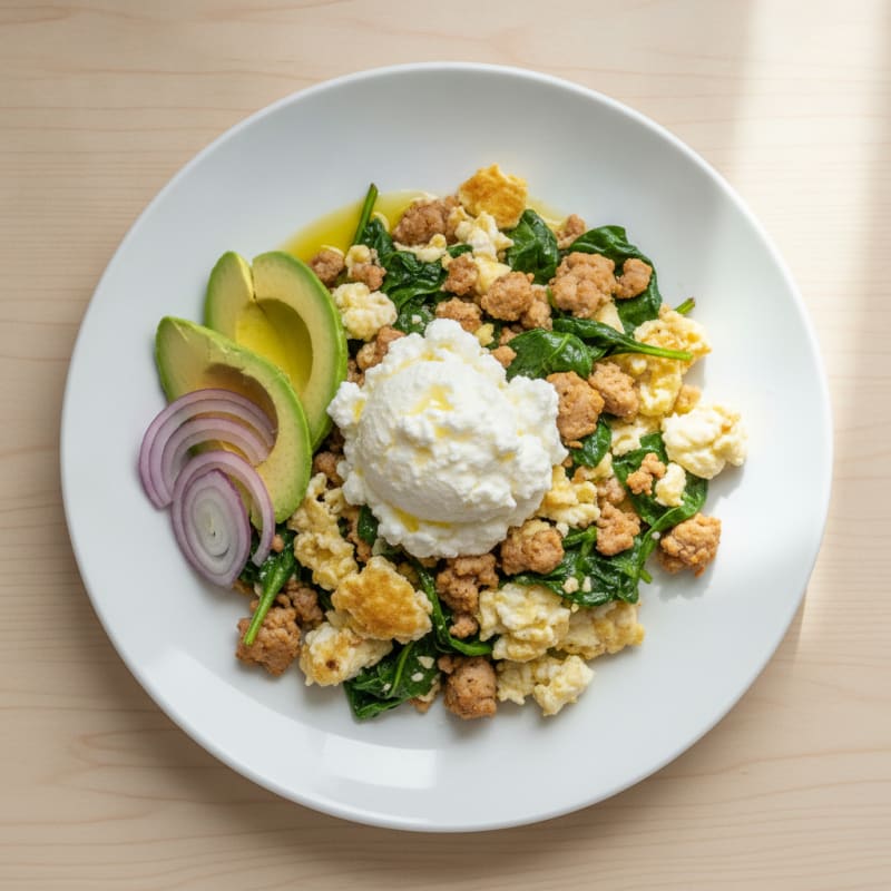 Egg White and Turkey Spinach Scramble with Cottage Cheese