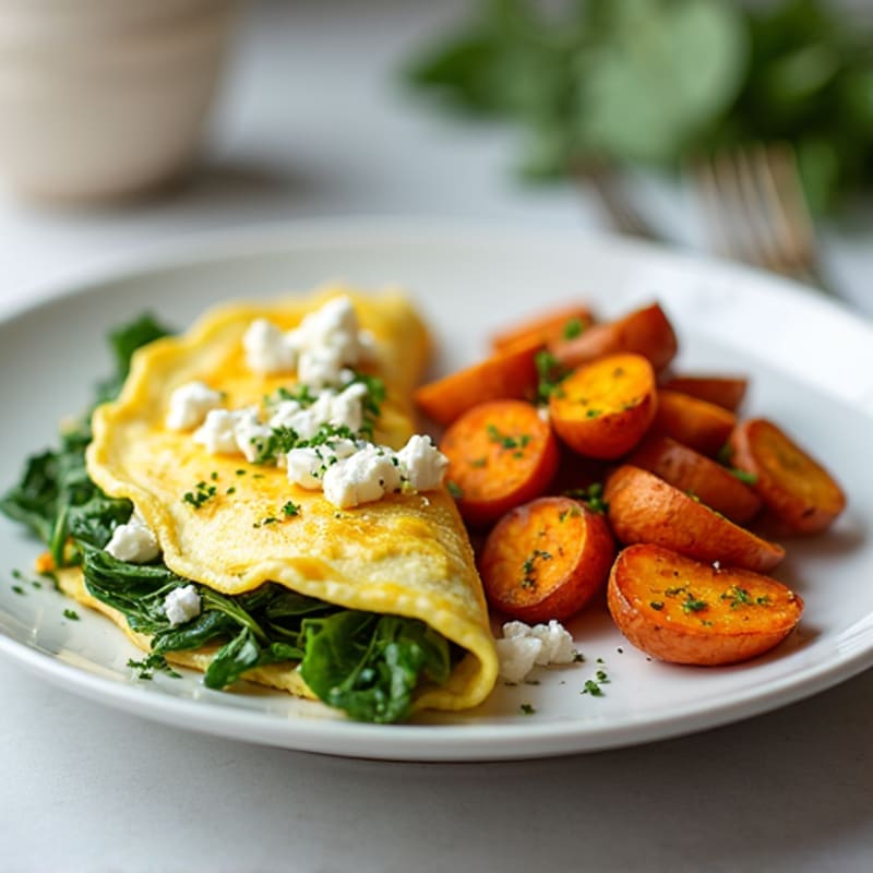 Egg White Spinach Omelette with Feta and Roasted Sweet Potatoes