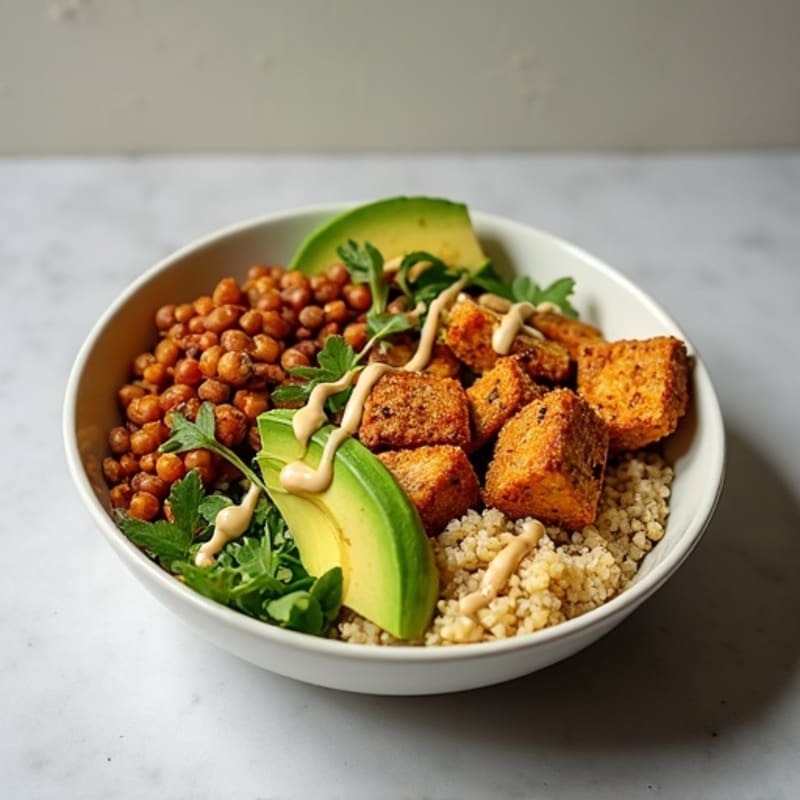 Crispy Lentil and Quinoa Power Bowl with Avocado and Tahini Drizzle