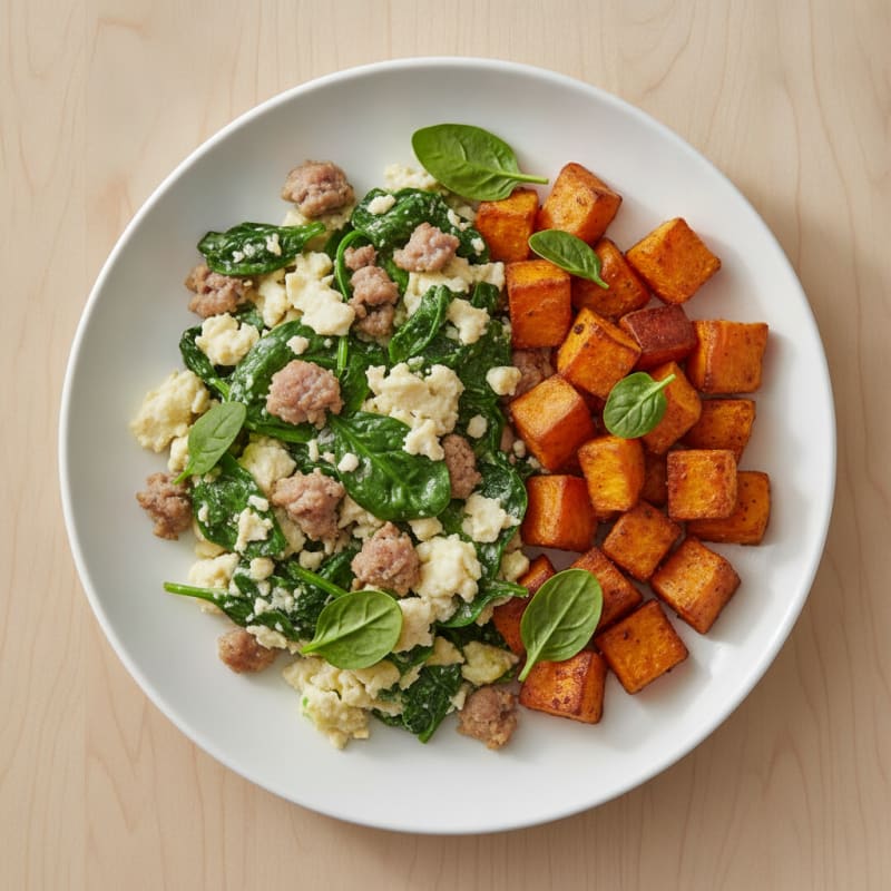 Egg White and Turkey Sausage Scramble with Spinach and Roasted Sweet Potatoes