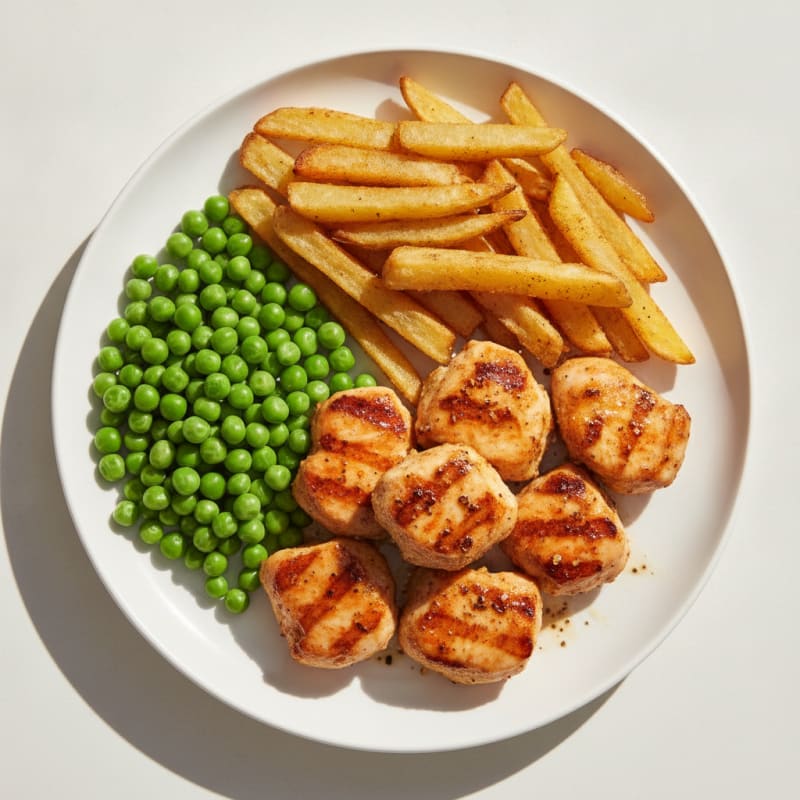 Grilled Chicken Nuggets with Crispy French Fries and Steamed Peas