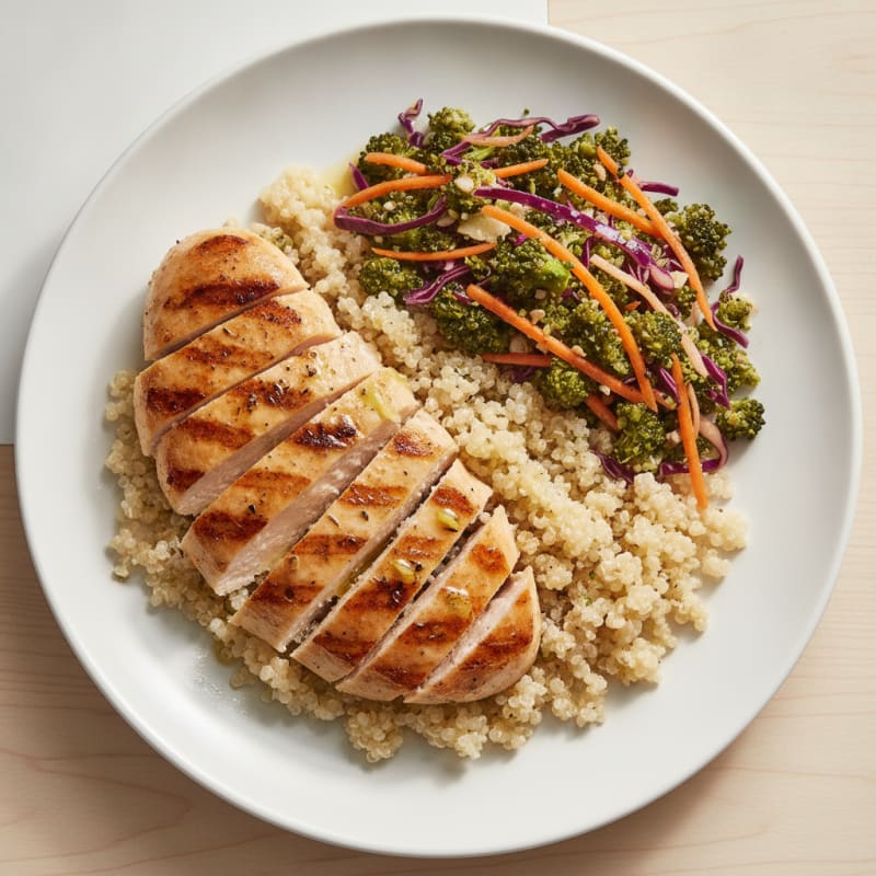 Grilled Chicken Breast with Quinoa and Crunchy Broccoli Slaw