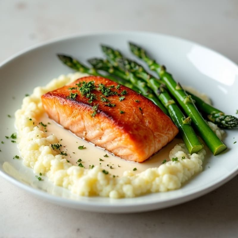 Seared Salmon with Steamed Asparagus and Cauliflower Mash