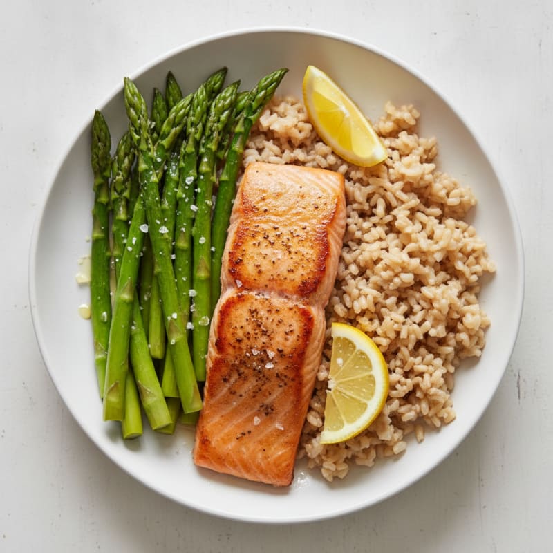 Seared Salmon with Steamed Asparagus and Brown Rice