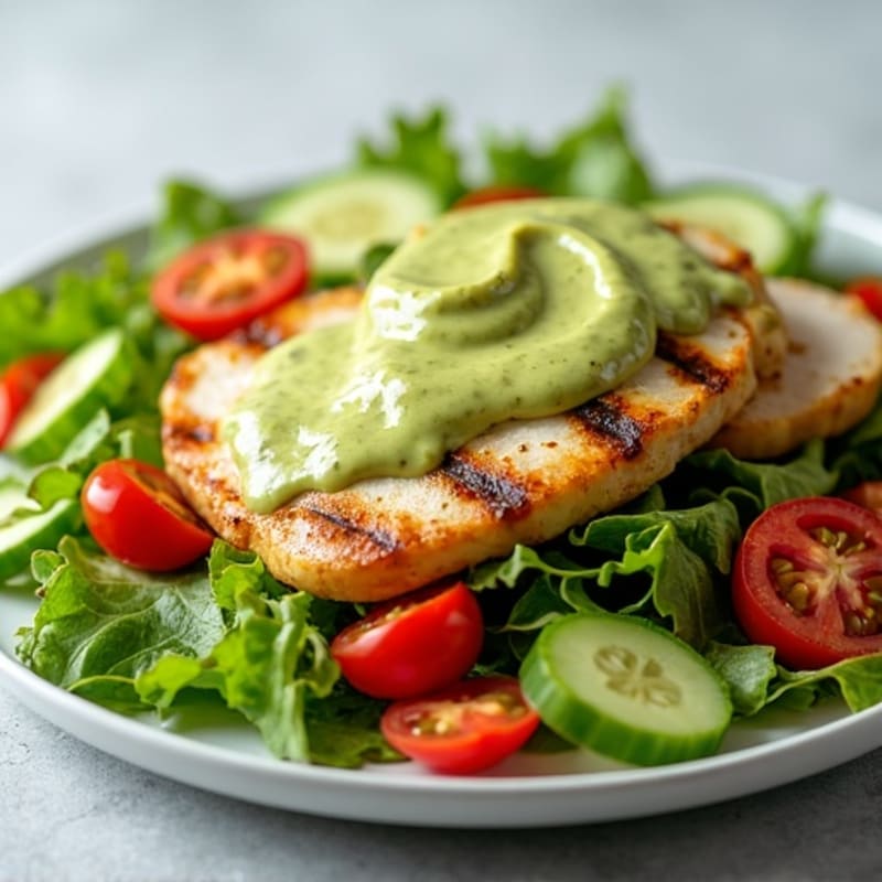 Grilled Chicken and Fresh Greens Salad with Creamy Avocado Dressing