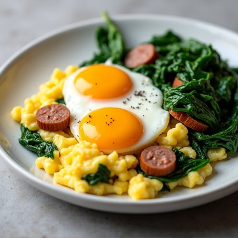 Scrambled Eggs with Turkey Sausage and Sautéed Spinach