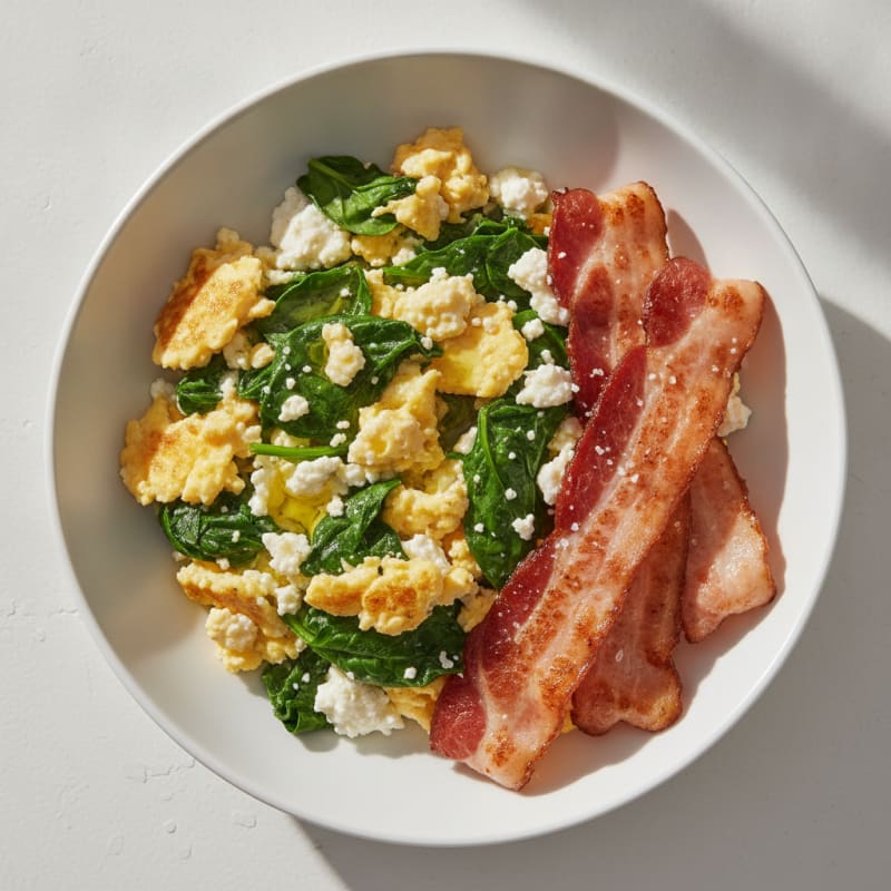 Cottage Cheese Egg Scramble with Spinach and Turkey Bacon
