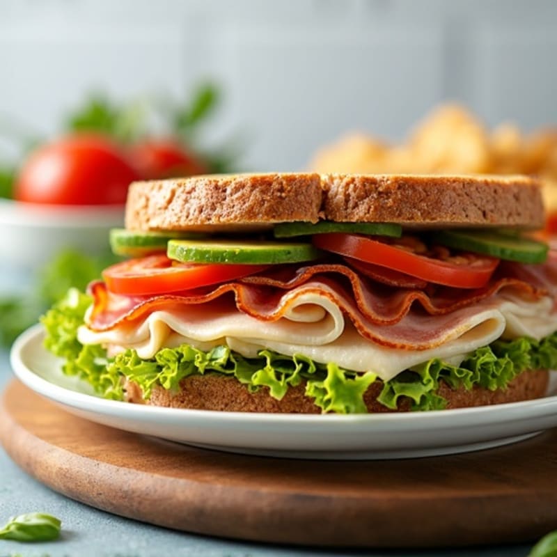Healthy Turkey Club Sandwich with Crispy Bacon and Fresh Veggies