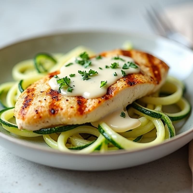 Creamy Cauliflower Alfredo Chicken with Zucchini Noodles