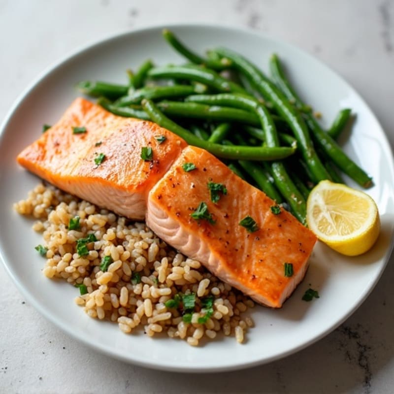 Seared Salmon with Garlic Green Beans and Brown Rice