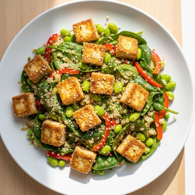 Crispy Tofu and Quinoa Power Salad with Edamame