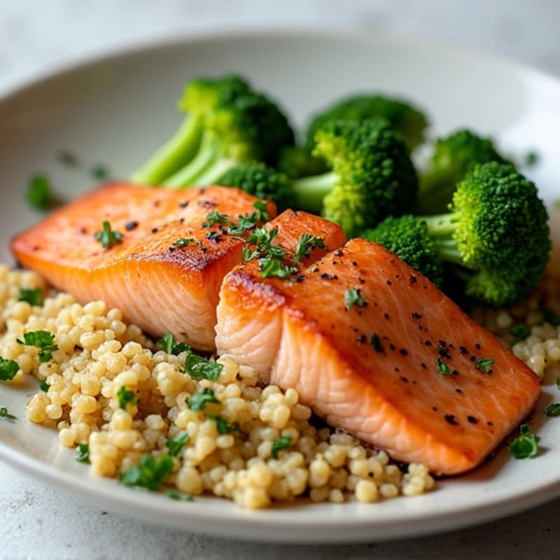 Seared Salmon with Steamed Broccoli and Quinoa