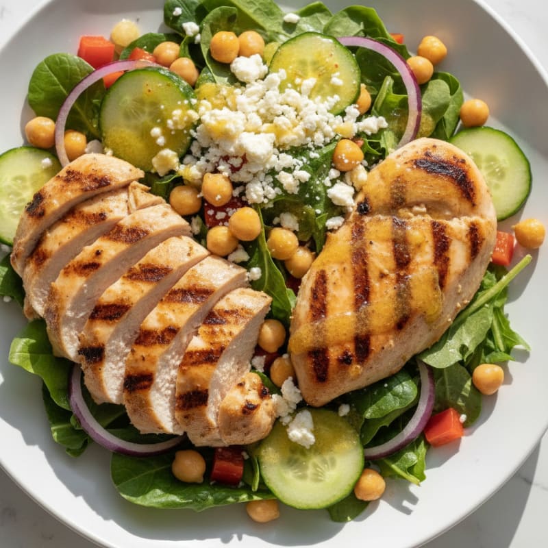 Grilled Chicken Breast Salad with Chickpeas and Crunchy Vegetables