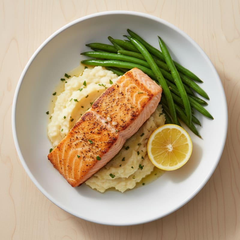 Seared Salmon Fillet with Steamed Green Beans and Garlic Cauliflower Mash
