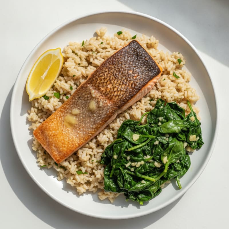 Seared Salmon with Garlic Spinach and Herb Brown Rice