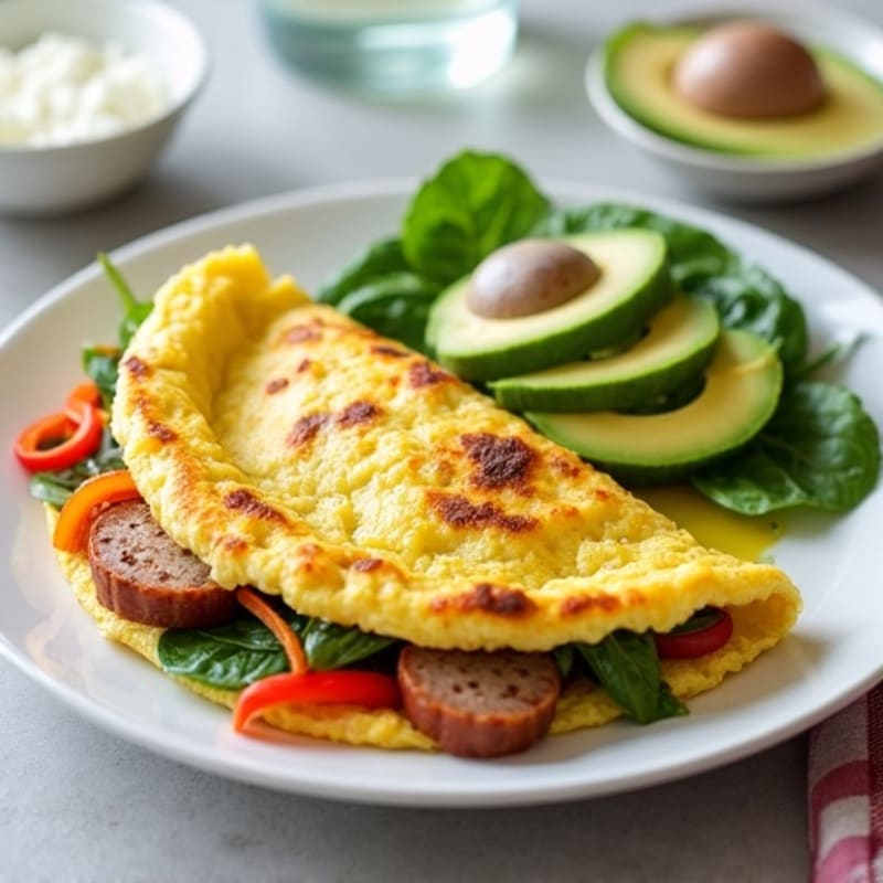 Egg White Veggie Omelette with Turkey Sausage and Cottage Cheese