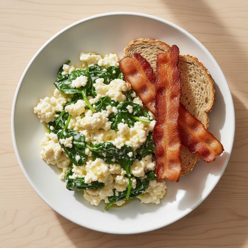 Cottage Cheese Scramble with Spinach and Turkey Bacon