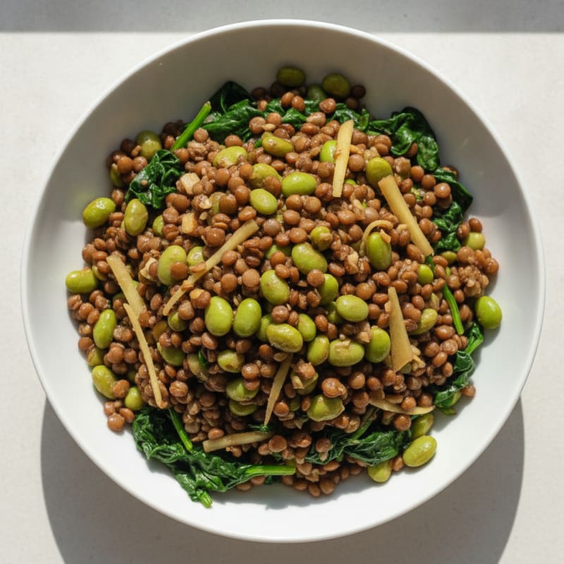 Lentil and Edamame Stir-Fry with Sautéed Spinach