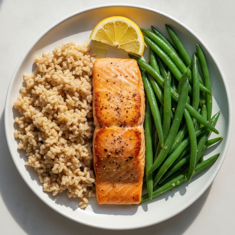 Seared Salmon with Steamed Green Beans and Brown Rice