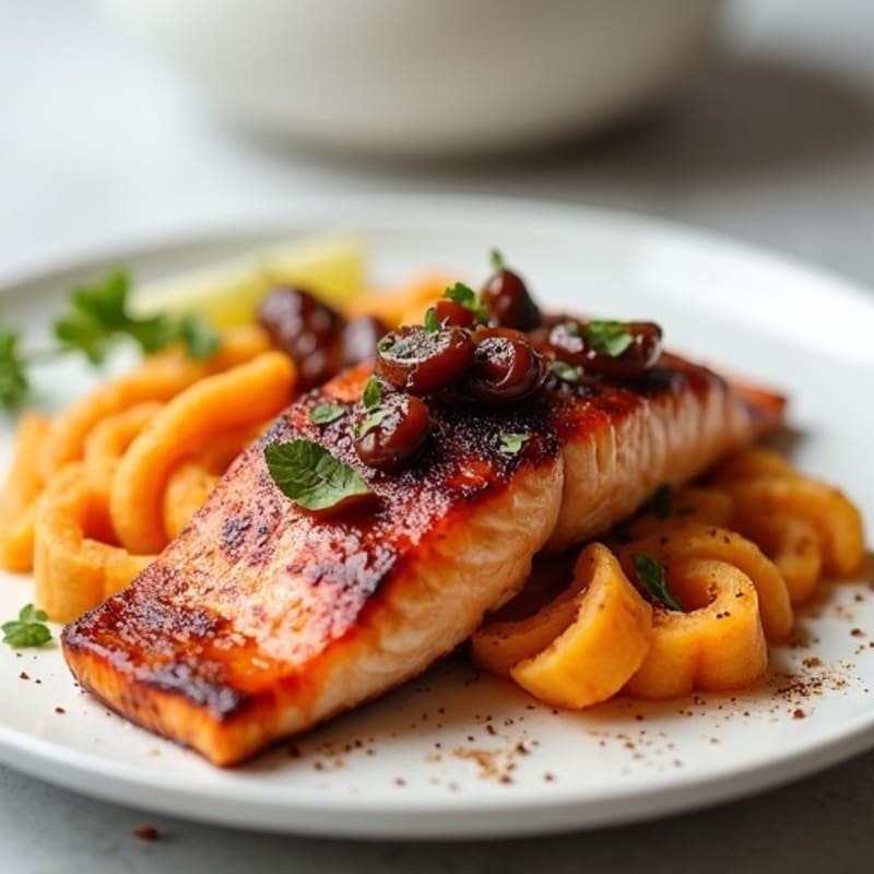 Sticky Date-Glazed Salmon with Creamy Spiced Sweet Potatoes