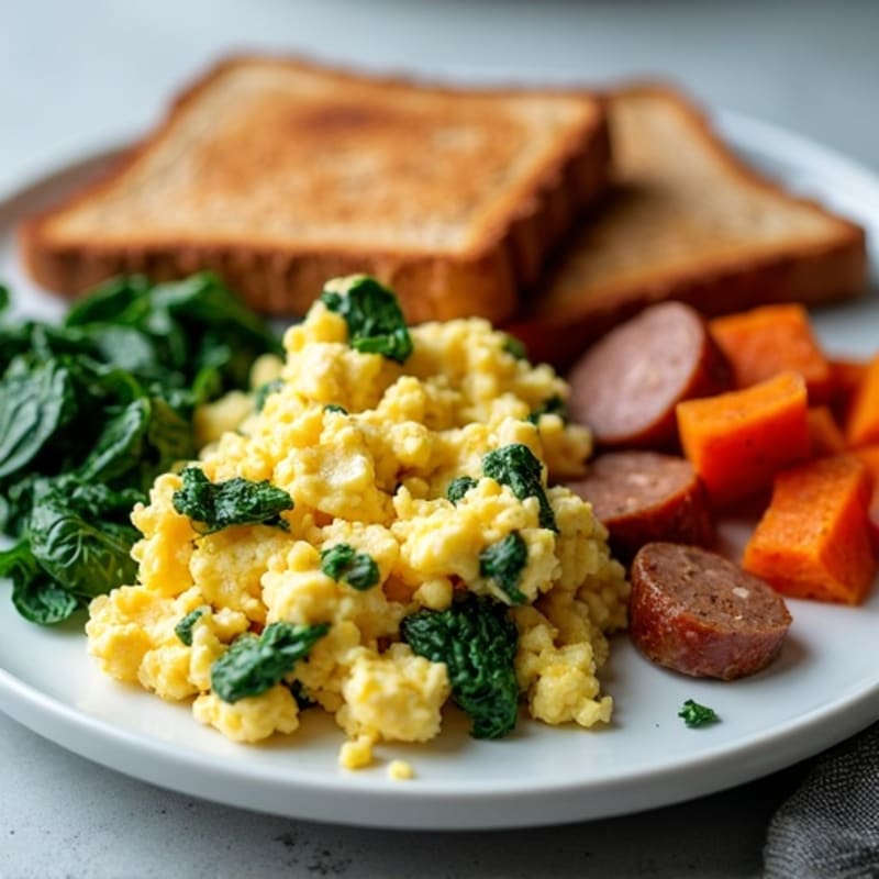 Egg White and Turkey Sausage Scramble with Sautéed Spinach, Sweet Potato, and Toast
