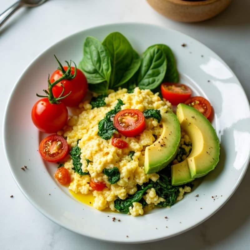 Egg White Spinach Scramble with Cherry Tomatoes