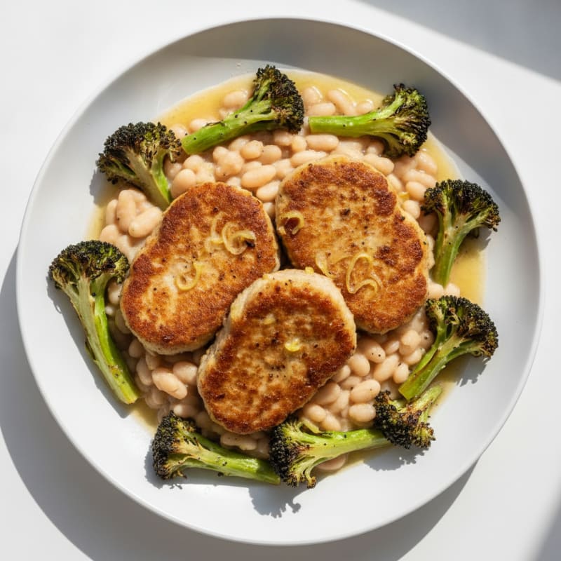 Seared Seitan Cutlets with Roasted Broccoli and White Bean Mash
