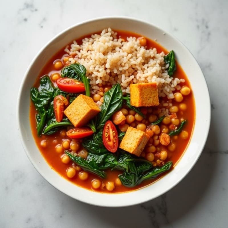 Lentil and Chickpea Stew with Spinach and Brown Rice