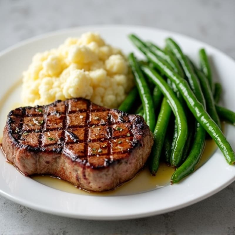 Seared Sirloin Steak with Garlic Green Beans and Mashed Cauliflower