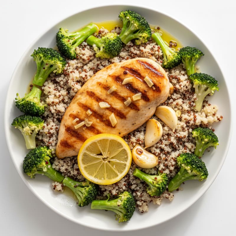 Grilled Lemon-Garlic Chicken Breast with Quinoa and Steamed Broccoli