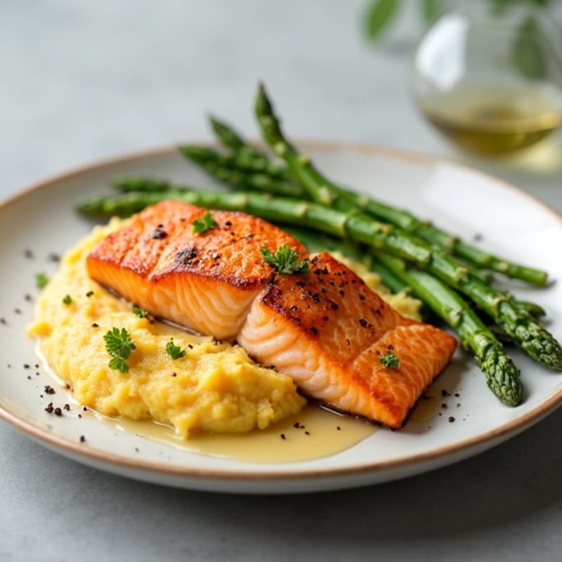 Seared Salmon with Steamed Asparagus and Mashed Sweet Potato