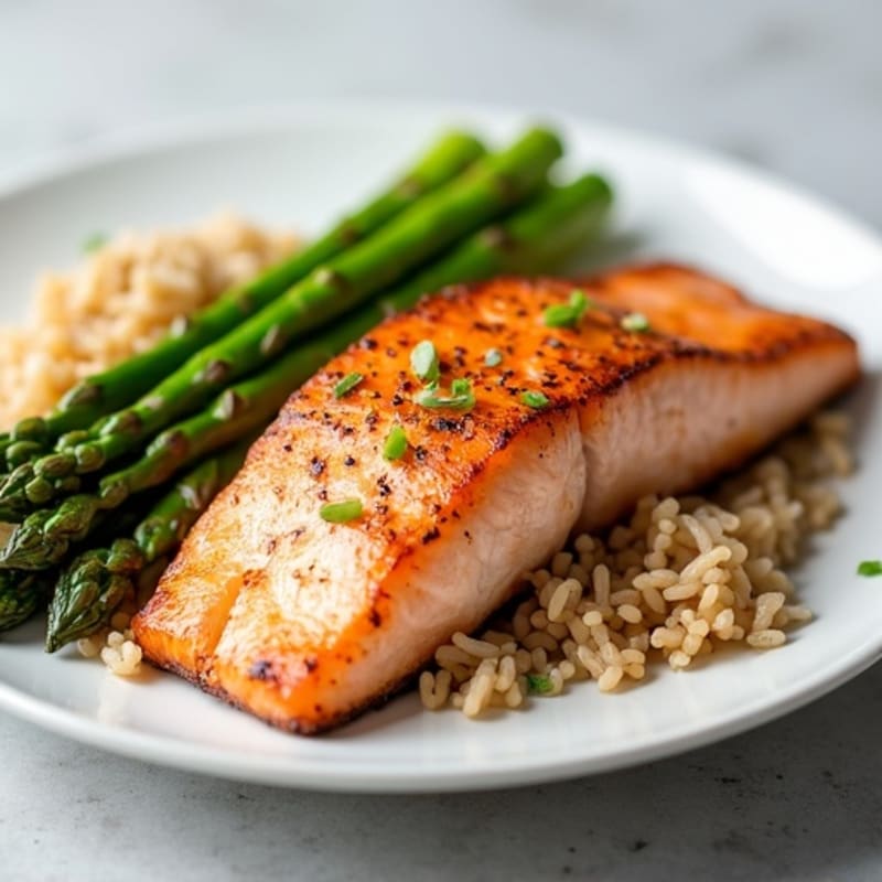 Seared Salmon Fillet with Steamed Asparagus and Brown Rice