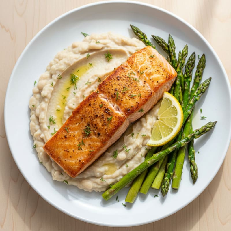 Seared Salmon with Creamy White Bean Mash and Roasted Asparagus