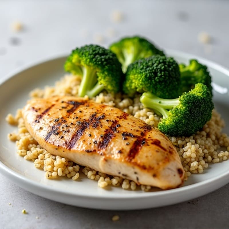 Grilled Lemon-Garlic Chicken Breast with Quinoa and Steamed Broccoli