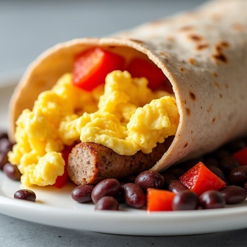 Hearty Scrambled Egg, Lean Turkey Sausage, and Black Bean Burrito