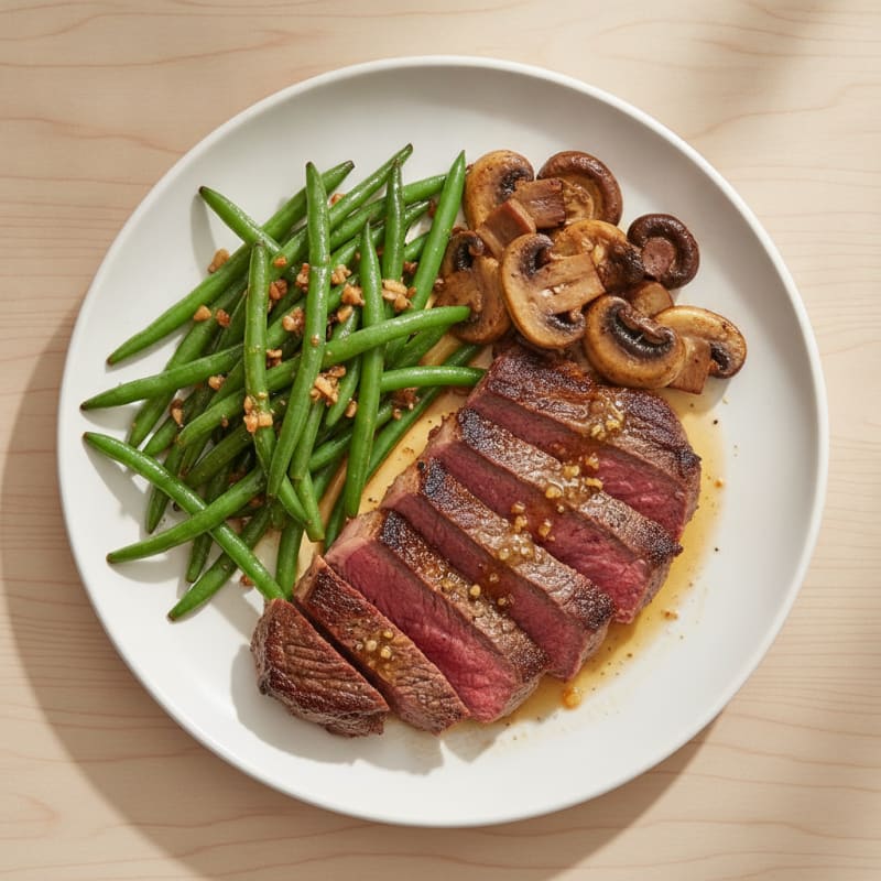 Seared Sirloin Steak with Garlic Green Beans and Sautéed Mushrooms